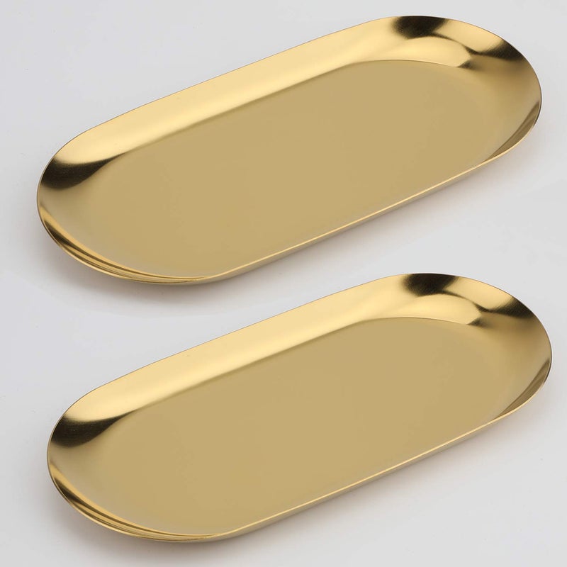 Fermus Stainless Steel Decorative Tray, Set of 2, 7 Inch Long, Jewelry Dish Cosmetics Organizer Bathroom Clutter Serving Platter Small Storage Tray, Oval, Gold - Image 1